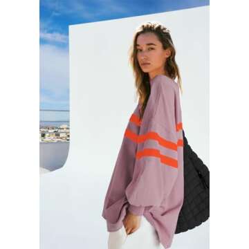 SENSERISE Womens Striped Crewneck Sweatshirts Oversized Lantern Sleeve Color Block Shirts Workout Tops(Taro Purple,S)