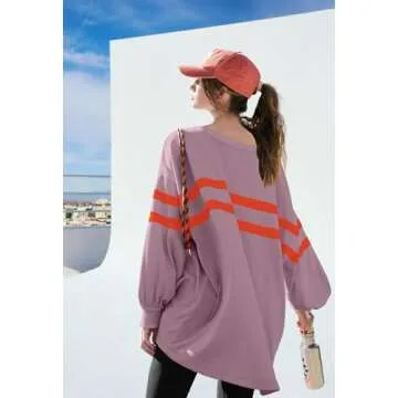 SENSERISE Womens Striped Crewneck Sweatshirts Oversized Lantern Sleeve Color Block Shirts Workout Tops(Taro Purple,S)