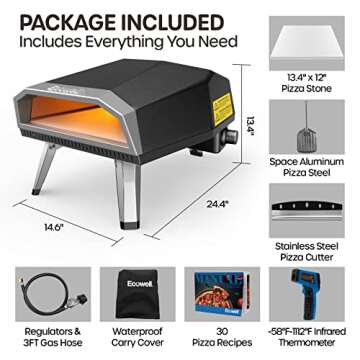ECOWELL Gas Pizza Oven Outdoor, 12 Inch Portable Pizza Oven with Pizza Stone/Peel/Cutter, Infrared Thermometer and Waterproof Cover, Propane Outside Backyard Pizza Maker, Black
