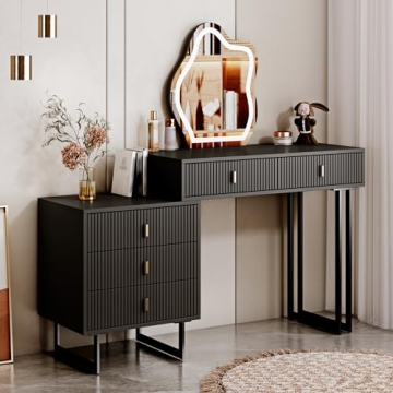 Ieejdn Black Vanity Desk with Mirror and Lights, Small Makeup Vanity with 5 Drawers, Modern Makeup T...