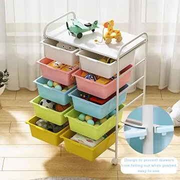 Ytaoka 10 Drawers Rolling Storage Cart, Plastic Drawer Cart with Metal Frame, Multipurpose Art Craft Cart Organizer with Wheels, Utility Cart with Drawers for Home, Office, School, Multicolor