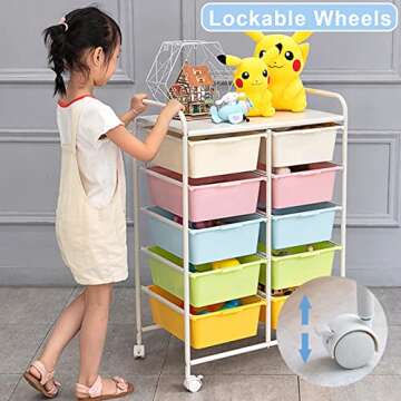 Ytaoka 10 Drawers Rolling Storage Cart, Plastic Drawer Cart with Metal Frame, Multipurpose Art Craft Cart Organizer with Wheels, Utility Cart with Drawers for Home, Office, School, Multicolor