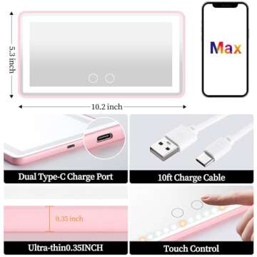Car Sun Visor Vanity Mirror: Pink Rechargeable Led Makeup Mirror with 3 Light Modes & Dimmable Touch Screen - Car Mirror Accessories for Women Girl