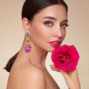 Colorful Zinc Rhinestone Dangle Statement Earrings for Women - Perfect for Weddings & Proms