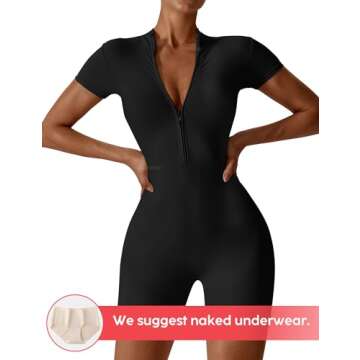 YEOREO Women Short Sleeve Workout Jumpsuit Zip Up Romper Bottom Shorts Bodysuit Bodycon Sexy One Piece Black L