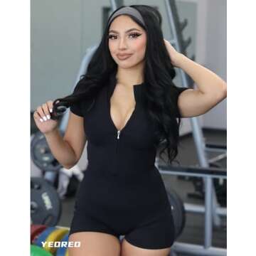YEOREO Women Short Sleeve Workout Jumpsuit Zip Up Romper Bottom Shorts Bodysuit Bodycon Sexy One Piece Black L