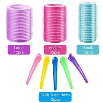 Self Grip Hair Rollers Set, Self Holding Rollers and Multicolor Plastic Duck Teeth Bows Hair Clips Hairdressing Curlers for Women, Men and Kids (44 mm, 36 mm, 25 mm, 48 Pieces)