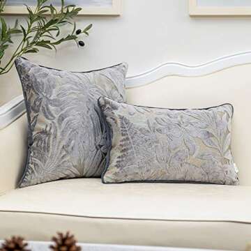 Alerfa 12 x 20 Inch Gray Silver Rectangle Maple Leaf Pillow Embroidery Cut Velvet Cushion Case Luxury Modern Lumbar Throw Pillow Cover Decorative Pillow for Couch Sofa Living Room Bedroom Car