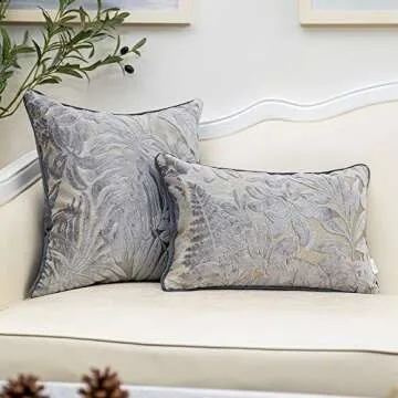 Alerfa 12 x 20 Inch Gray Silver Rectangle Maple Leaf Pillow Embroidery Cut Velvet Cushion Case Luxury Modern Lumbar Throw Pillow Cover Decorative Pillow for Couch Sofa Living Room Bedroom Car