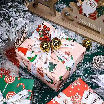 WRAPAHOLIC Reversible Christmas Wrapping Paper - Mini Roll - 17 Inch X 33 Feet - Red Green Gnome and Candy Canes, Pink and White Polka Dots Design for Holiday, Party, Celebration