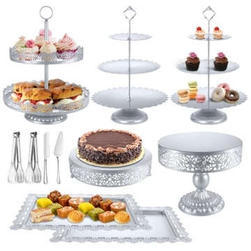 Silver Cake Stand Sets, Metal Dessert Table Display Tiered Cupcake Holder Food Fruit Donut Plate Ser...