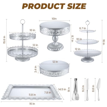 Silver Cake Stand Sets, Metal Dessert Table Display Tiered Cupcake Holder Food Fruit Donut Plate Serving Tower Tray Platter With Tong, Cake Knife and Server Set For Wedding Birthday Party Decor 11PCS