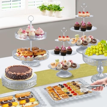 Silver Cake Stand Sets, Metal Dessert Table Display Tiered Cupcake Holder Food Fruit Donut Plate Serving Tower Tray Platter With Tong, Cake Knife and Server Set For Wedding Birthday Party Decor 11PCS