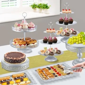 Silver Cake Stand Sets, Metal Dessert Table Display Tiered Cupcake Holder Food Fruit Donut Plate Serving Tower Tray Platter With Tong, Cake Knife and Server Set For Wedding Birthday Party Decor 11PCS