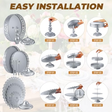 Silver Cake Stand Sets, Metal Dessert Table Display Tiered Cupcake Holder Food Fruit Donut Plate Serving Tower Tray Platter With Tong, Cake Knife and Server Set For Wedding Birthday Party Decor 11PCS