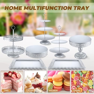 Silver Cake Stand Sets, Metal Dessert Table Display Tiered Cupcake Holder Food Fruit Donut Plate Serving Tower Tray Platter With Tong, Cake Knife and Server Set For Wedding Birthday Party Decor 11PCS