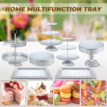 Silver Cake Stand Sets, Metal Dessert Table Display Tiered Cupcake Holder Food Fruit Donut Plate Serving Tower Tray Platter With Tong, Cake Knife and Server Set For Wedding Birthday Party Decor 11PCS
