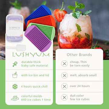 Mini Ice Cube Trays for Freezer with Bin and Scoop, 4 Pack 640 Small Nugget Ice Cube Tray Silicone BPA Free, Tiny Crushed Ice cubes Maker Molds for Chilling Coffee Juice Cocktail Whisky Boba