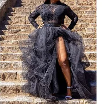 Lisong Women Maxi Tulle Floor Length Layered High Waist Special Occasion Skirt S Black