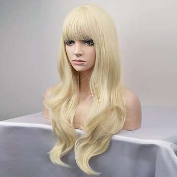 BERON Blonde Wig Long Wavy Wig with Bangs Synthetic Wig Long Wig Blonde Wigs for Cosplay Costume Party with Wig Cap