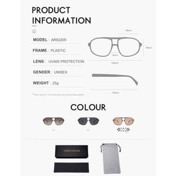 HERJOUR Retro Aviator Trendy Sunglasses Womens Mens 70s Classic Vintage Double Bridge Sun Glasses AR82209