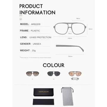 HERJOUR Retro Aviator Trendy Sunglasses Womens Mens 70s Classic Vintage Double Bridge Sun Glasses AR82209