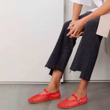 MICIFA Women's Mesh Ballet Flats Fishnet Ballerina Flats Buckle Strap Mary Jane Flats Causal Daily Dress Shoes Red