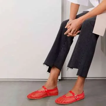 MICIFA Women's Mesh Ballet Flats Fishnet Ballerina Flats Buckle Strap Mary Jane Flats Causal Daily Dress Shoes Red