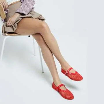 MICIFA Women's Mesh Ballet Flats Fishnet Ballerina Flats Buckle Strap Mary Jane Flats Causal Daily Dress Shoes Red