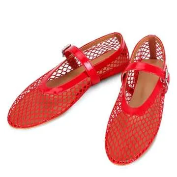 MICIFA Women's Mesh Ballet Flats Fishnet Ballerina Flats Buckle Strap Mary Jane Flats Causal Daily Dress Shoes Red