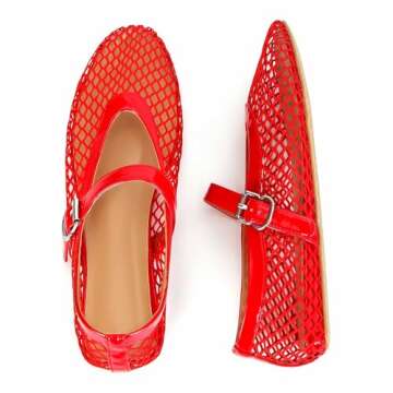 MICIFA Women's Mesh Ballet Flats Fishnet Ballerina Flats Buckle Strap Mary Jane Flats Causal Daily Dress Shoes Red