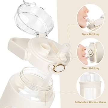 64oz Glass Water Bottles with Straw, Motivational Water Bottle with Silicone Sleeve & Double Drinking Lid Handle, Leakproof & BPA Free Reusable Water Jug with Sports Outdoors (White)