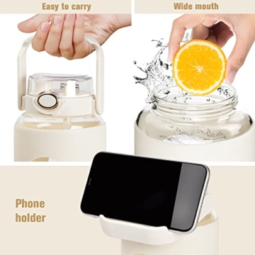 64oz Glass Water Bottles with Straw, Motivational Water Bottle with Silicone Sleeve & Double Drinking Lid Handle, Leakproof & BPA Free Reusable Water Jug with Sports Outdoors (White)