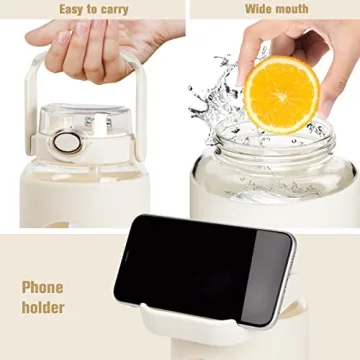 64oz Glass Water Bottles with Straw, Motivational Water Bottle with Silicone Sleeve & Double Drinking Lid Handle, Leakproof & BPA Free Reusable Water Jug with Sports Outdoors (White)