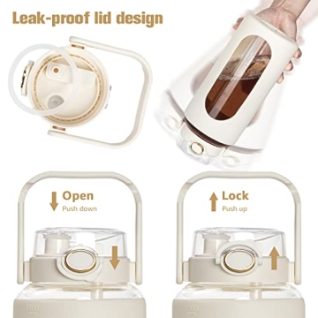 64oz Glass Water Bottles with Straw, Motivational Water Bottle with Silicone Sleeve & Double Drinking Lid Handle, Leakproof & BPA Free Reusable Water Jug with Sports Outdoors (White)