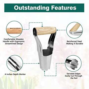 Berry&Bird Garden Bulb Planter with 4 Inches Depth Mark, Stainless Steel Gardening Bulb Transplanter Tool with Short Handle for Planting Flowers Tulips, Daffodils, Lily, Dahlias
