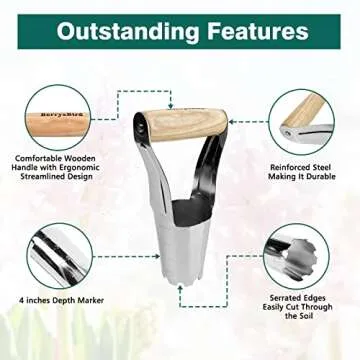 Berry&Bird Garden Bulb Planter with 4 Inches Depth Mark, Stainless Steel Gardening Bulb Transplanter Tool with Short Handle for Planting Flowers Tulips, Daffodils, Lily, Dahlias