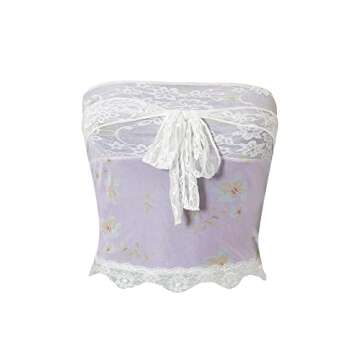 Women Lace Strapless Tube Tops Sleeveless Low Cut Crop Top Backless Bodycon Elastic Push Up Vest Tops Y2k Streewear (Lace Printed,Small)