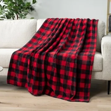 PAVILIA Black and Red Buffalo Plaid Fleece Throw Blanket for Couch, Soft Checkered Flannel Blanket f...