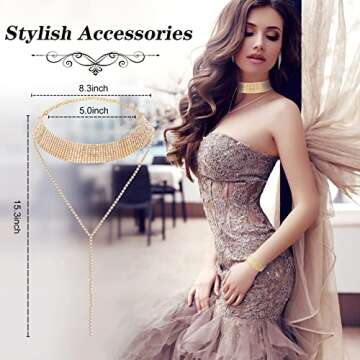 niolio 4 Pieces Rhinestone Crystal Jewelry Set, Rhinestone Choker Necklace Long Tassel Dangle Earrings Stretch Bangle Bracelet Elegant Glitter Handbag, Costume Jewelry for Women Bridal Wedding