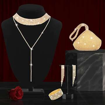 niolio 4 Pieces Rhinestone Crystal Jewelry Set, Rhinestone Choker Necklace Long Tassel Dangle Earrings Stretch Bangle Bracelet Elegant Glitter Handbag, Costume Jewelry for Women Bridal Wedding