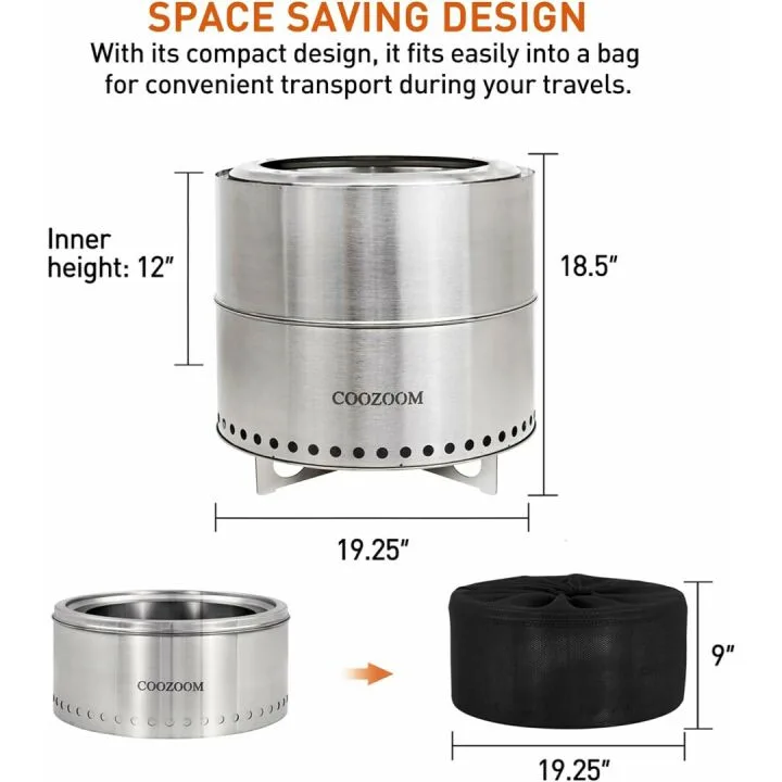 19 Inch Portable Smokeless Fire Pit with Stand