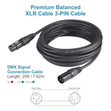 DMX Cable 25ft, 4 Pack 7.62m DMX Cables 3 Pin Signal XLR Male to Female DMX Cable Wire, with Metal C...