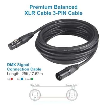 DMX Cable 25ft, 4 Pack 7.62m DMX Cables 3 Pin Signal XLR Male to Female DMX Cable Wire, with Metal C...