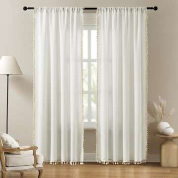 HOMEIDEAS Ivory Cream Boho Curtains for Bedroom, Farmhouse Linen Sheer Curtains 96 inches Length 2 P...
