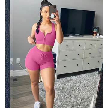 LNSK Workout Sets Ribbed Tank 2 Piece Cute Yoga Workout Set Seamless High Waist Gym Outfit Shorts Fluopink