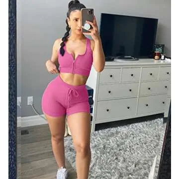 LNSK Workout Sets Ribbed Tank 2 Piece Cute Yoga Workout Set Seamless High Waist Gym Outfit Shorts Fluopink