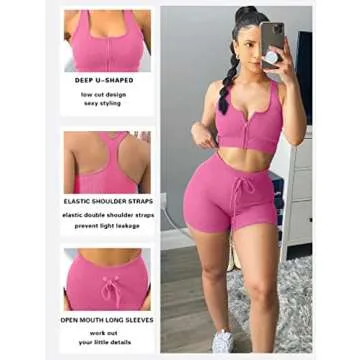 LNSK Workout Sets Ribbed Tank 2 Piece Cute Yoga Workout Set Seamless High Waist Gym Outfit Shorts Fluopink