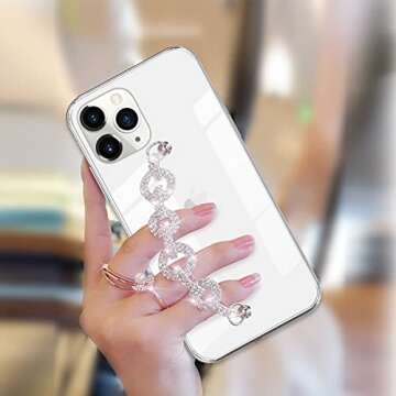 Bonitec for iPhone 11 Pro Max Case Clear Bracelet 3D Glitter Sparkle Bling Strap Luxury Shiny Crystal Rhinestone Diamond Silver Chain Protective Cover for Ladys, Girls and Women