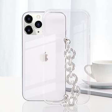 Bonitec for iPhone 11 Pro Max Case Clear Bracelet 3D Glitter Sparkle Bling Strap Luxury Shiny Crystal Rhinestone Diamond Silver Chain Protective Cover for Ladys, Girls and Women